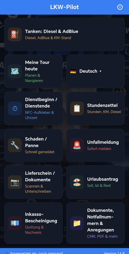 Startseite der App LKW-Pilot mit allen Kacheln